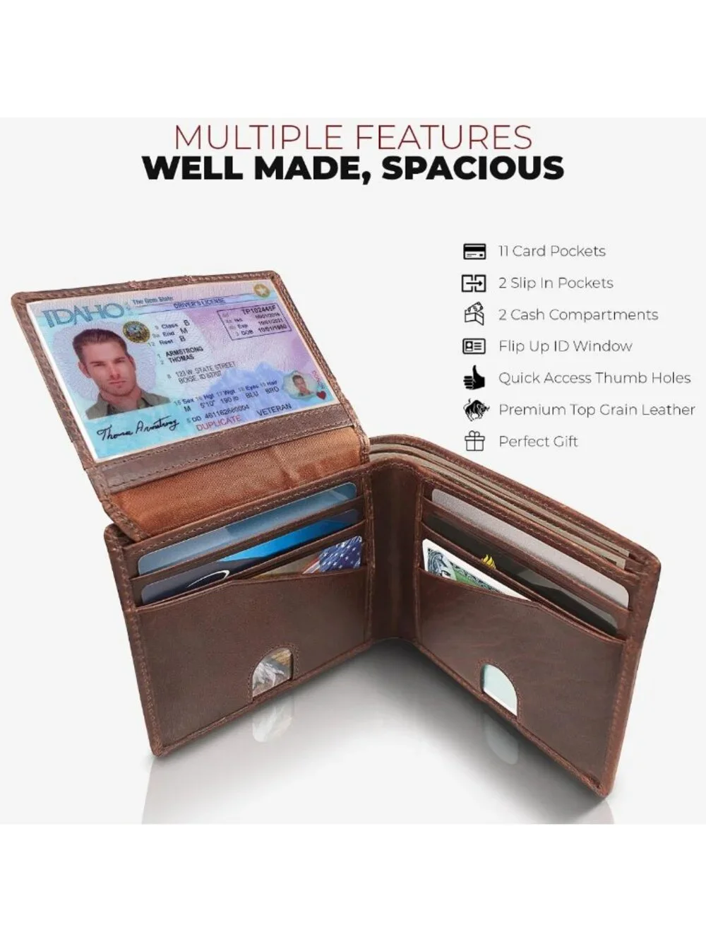Men's RFID Blocking Bifold Wallet - Durable Leather, 11 Card Slots, Quick